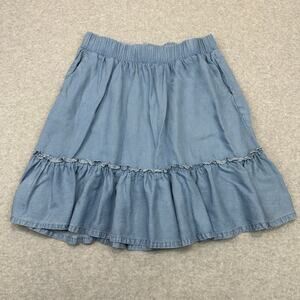 Torrid Skirt WMNS M Blue Chambray Ruffle Shirred Hem Stretch Waist Front Pockets